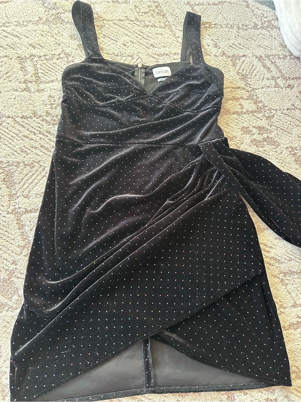 Saylor Velvet Mini Dress Black w/ Rainbow Sparkle | Draped Side Detail | Size L